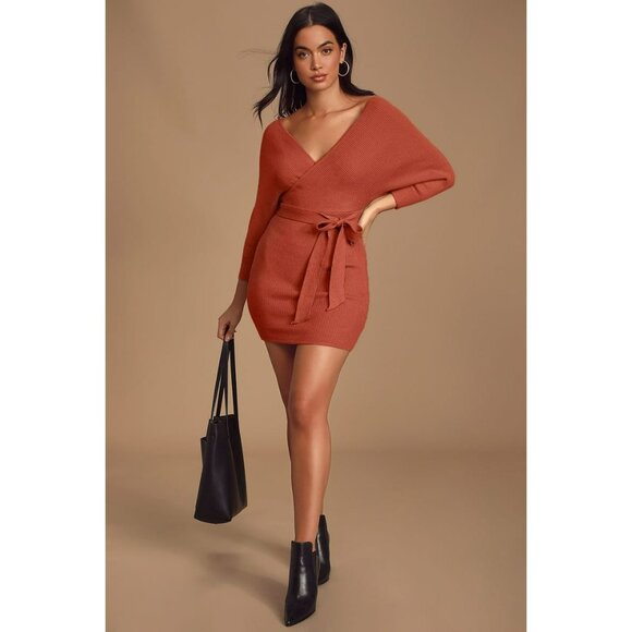 NWT Lulus Modena Rust Brown Dolman Sleeve Bodycon Sweater Dress Size Small - Picture 2 of 10